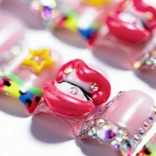 10pcs Handmade Short Duck Bill Press On Nails, Pink Jelly Base, 3D Lips Star Charms, Colorful Edge Design, Crystal Decorated Cute Statement Nails, For Party Vacation Photoshoot Daily Wear Gift For Women Girls Summer Easter - 粉色 - 查看 3