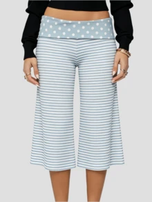 Women's Y2k Fold Over Waist Yoga Capri Pants Fashion Casual Solid Color/Striped/Polka Dot Stretchy Low Rise Wide Leg Crop Pants Light Weight Comfy Lounge Capri Pants - 天藍色 - 查看 2