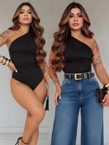 Women's One-Shoulder Black Bodysuit With Ruched Elastic - Fashion Blogger Style - Party/Casual - màu đen - Xem 2