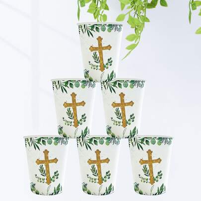 10pcs/20pcs/50pcs Green Blessing Paper Cups, Disposable With Gold Cross And Eucalyptus Leaf, Suitable For Christening, Baptism, Confirmation, Baby Shower, Wedding And Other Religious Parties, Unisex