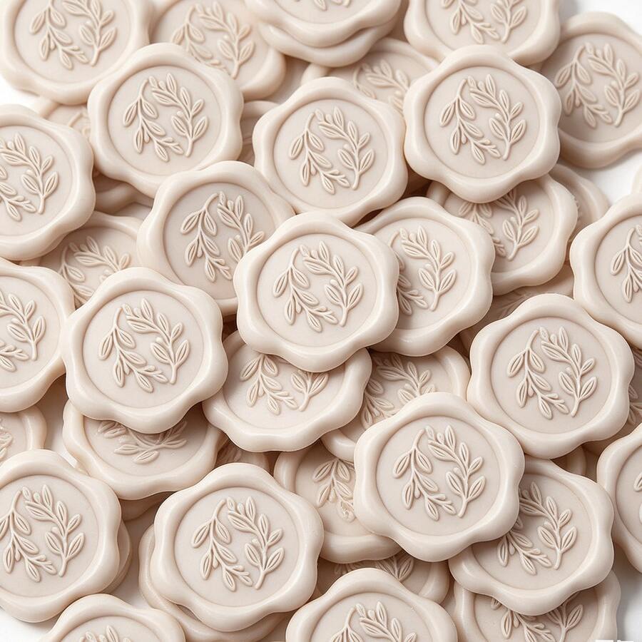 30 miếng dán niêm phong hình cành ô liu bằng sáp, tự dính dùng cho thiệp mời đám cưới, phong bì, thiệp chúc mừng, quà tặng - Màu be - Màu be - Xem 1