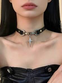 一件式朋克黑色PU皮革短款颈链项链 女士哥特风链条吊坠项链 时尚首饰配饰 - 黑色 - 查看 7