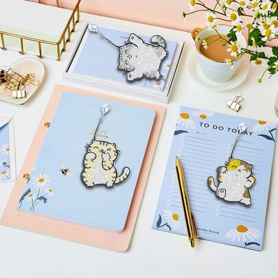 Bộ 6 chiếc bookmark hình mèo đính đá DIY - Bộ dụng cụ thủ công lấp lánh làm bằng tay