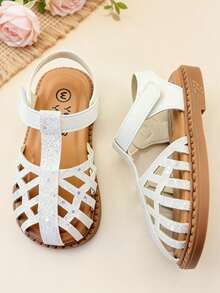 1 Pair Toddler Girls' Retro School Style Sandals, Beige Open-Toe Flat Beach Shoes With Sequin Hollow-Out Adjustable Design, Soft Non-Slip Sole, Suitable For Daily Wear, Party, Wedding, Vacation - Beige - View 8
