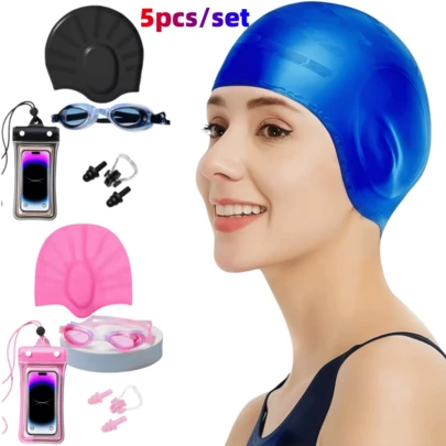 5pcs/Set Summer Swimming Set, Silicone Ear Protection Waterproof Swimming Cap, Swim Goggles, Ear Plugs, Nose Clip, Waterproof Phone Bag, All-Round Protection, Suitable For Beginners, Unisex, Great For Beach, Swimming Pool
