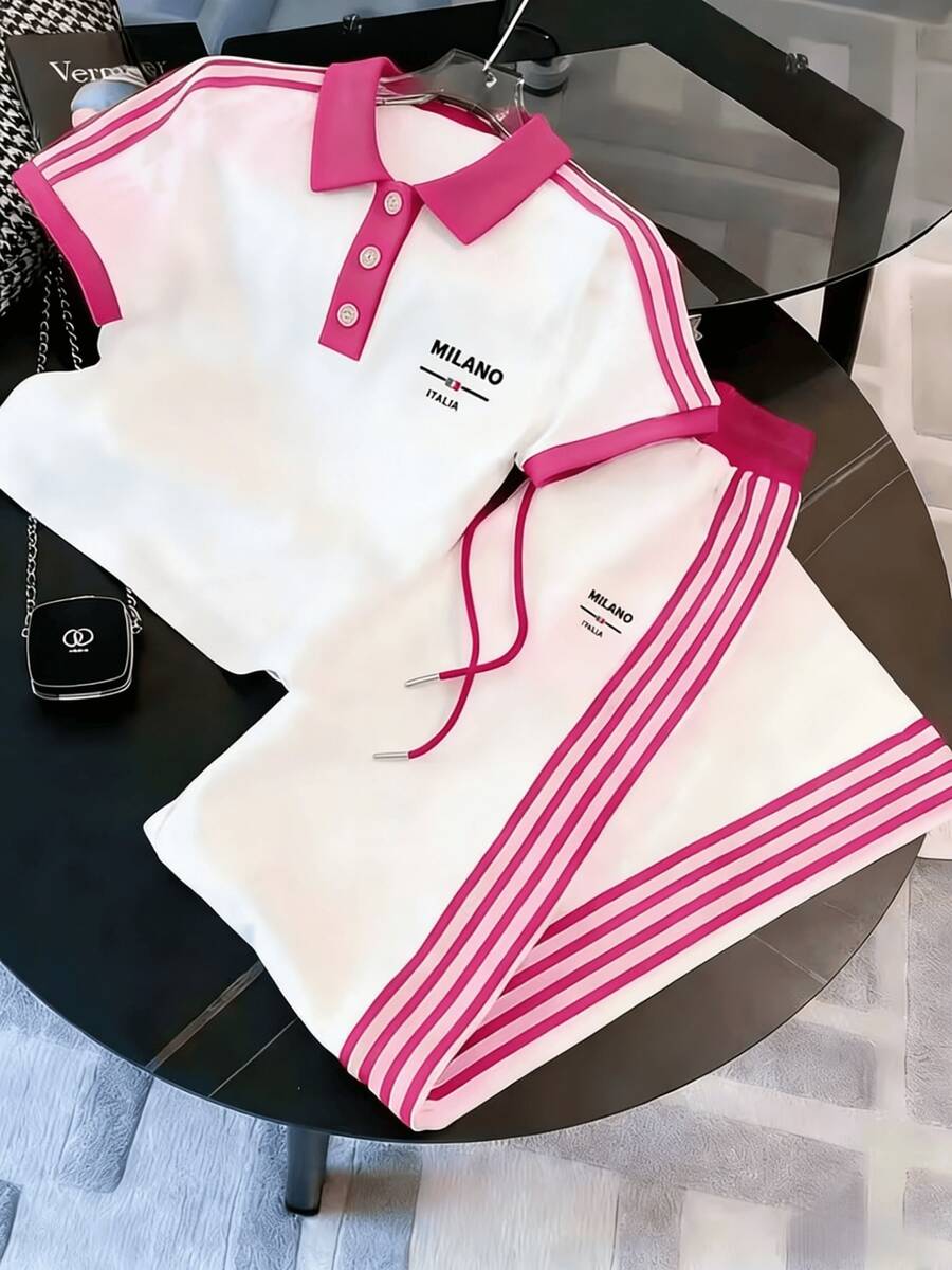 Two-Piece Set: Spring, Summer And Autumn Series. Suitable For Both Men And Women. This Includes Casual Sports Short-Sleeved Shirts And Long Pants. It Is Suitable For Various Occasions Such As Golf, Sports And Running. Summer  Fall/Winter    Contrast Binding  Pocket  Button Front    Christmas - 玫紅色 - 查看 1