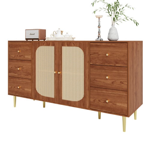 Sideboard, Rattan Sideboard, Storage Unit With Drawer, Freestanding Wooden Furniture, Kitchen, Home, Living Room, Brown, 160 X 40 X 90 Cm - Redwood - View 1