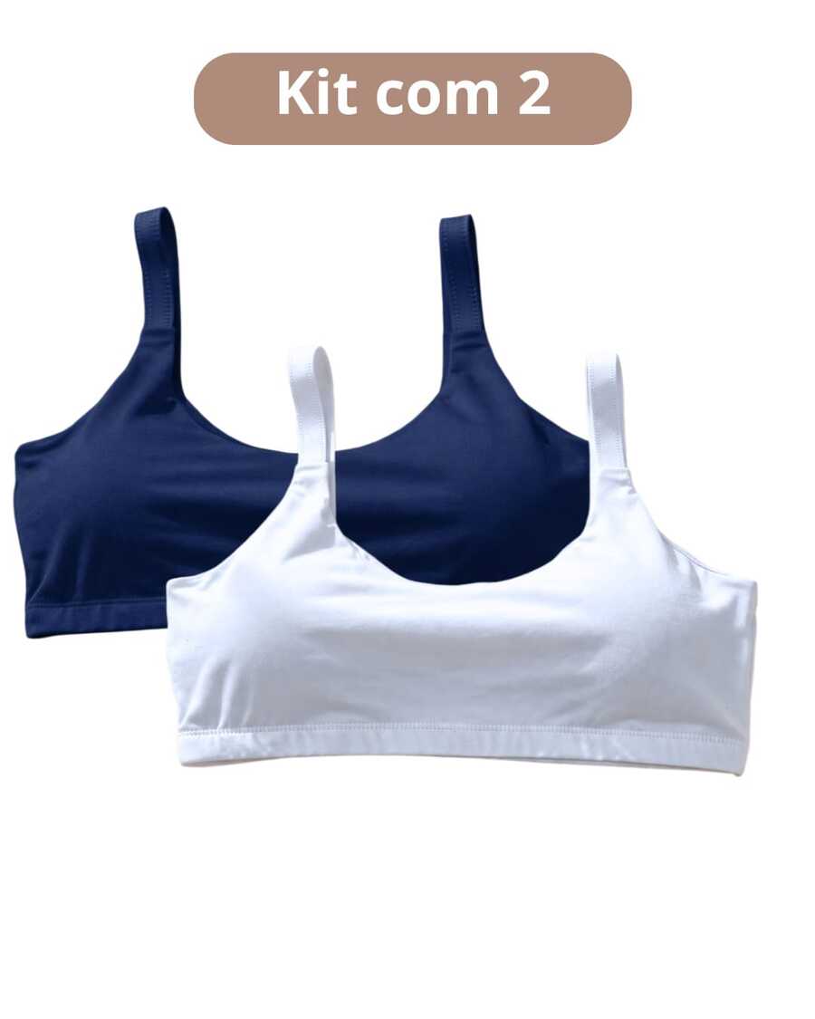 Kit 2 Top Fitness Academia com Forro Duplo Bojo Removível e Alça Re Poliéster Sem Mangas Cropped Decote U Preenchimento removível - marinho e branco - Visão 1