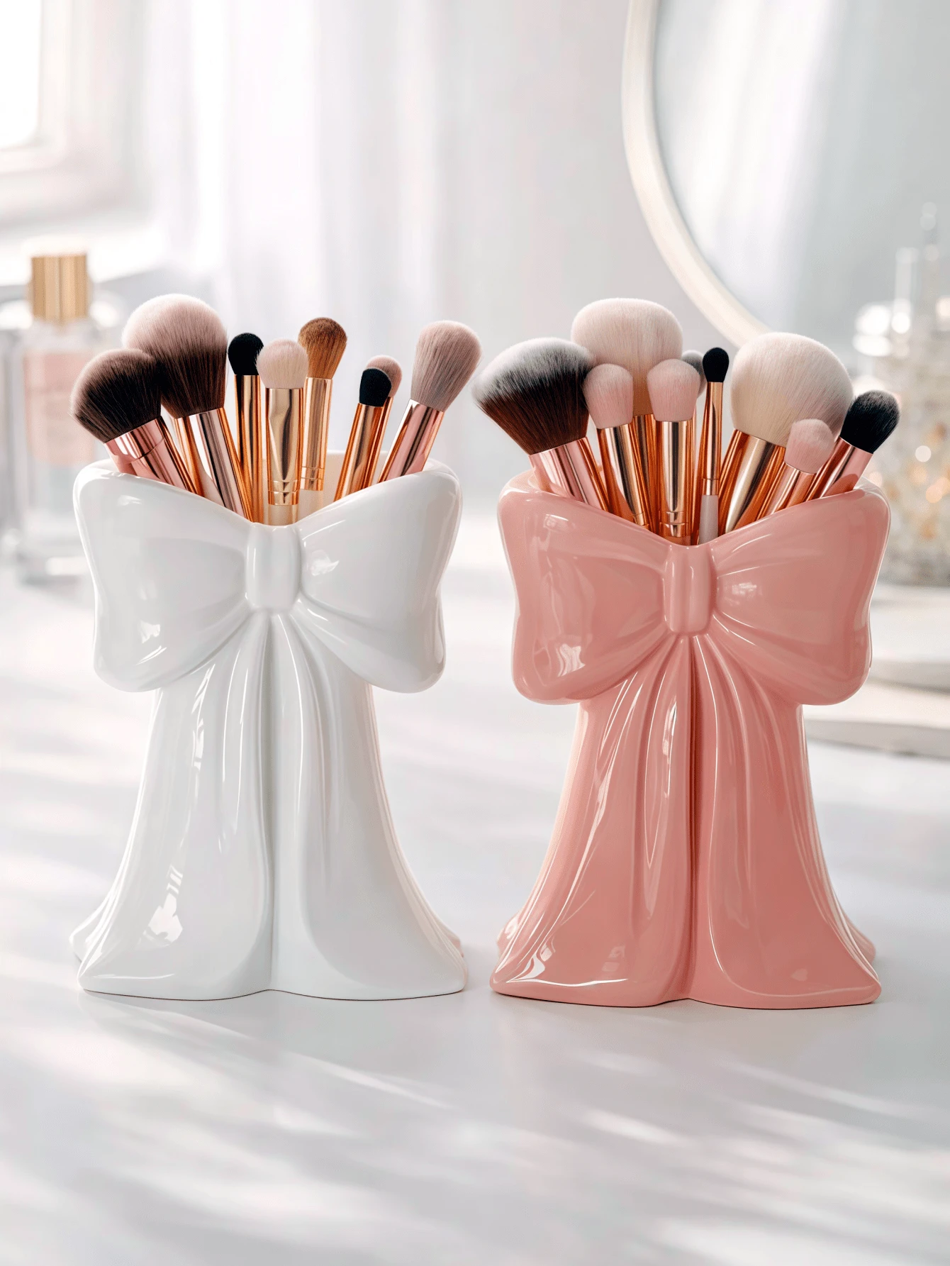 1/2pcs Bow Shape Bathroom Organizer Set, Multi-Purpose Storage Cups For Vanity Counter, Razor And Accessories Storage, Bathroom Decor And Accessories, Cute Minimal Home Decor - A - View 1