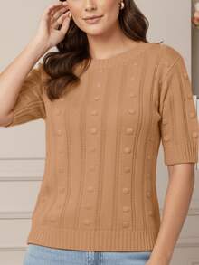 Women's Short-Sleeve Ribbed Knit Blouse, Basic, Casual, Elegant - Nuevo Beige - Ver 6