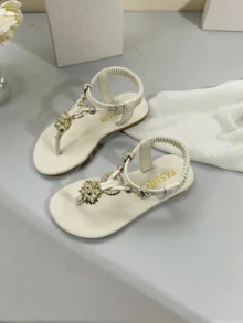 Dép xăng đan mũi Pháp cho bé gái, giày công chúa đính kim cương cho trẻ em, dép đi biển đế mềm cho bé gái, mùa hè. - Màu be - Xem 8