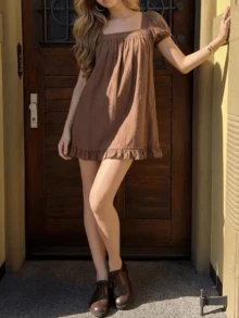 Women's Square Neck Puff Sleeve Lace Trim Blouse Summer Short Sleeve Babydoll Style Cute Casual Holiday Top 2026 - 咖啡色 - 查看 2