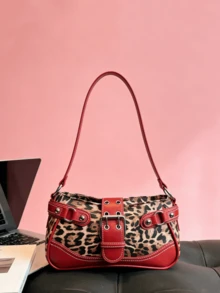 1 Stück Nieten Leopard Patchwork Damen Schultertasche, Punk Stil Nieten Damen Casual Tasche, elegante Leoparden Muster Damen Tragetasche, praktische gesteppte Damen Baguette Tasche, modische Tasche mit Fächern zum Verstauen von Geldbörse, Kosmetik, Handy, Münzbeutel, Kopfhörern, geeignet für Mädchen Partys, Fotografie, tägliche Fahrten, Reisen, auch ein tolles Geschenk zu Eid Al-Adha, Muttertag, für Freundin und Mama - Verschiedenfarbig - Übersicht 5