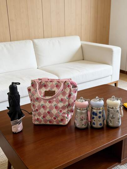 Stainless Steel Portable Insulated Tumbler With Cherry Quilted Insulated Tote Bag + Black Sunshade Umbrella, Suitable For Students, Commuters, Beach Trips, Outdoor Picnics, High-Quality Stainless Steel Titanium-Coated Inner Liner Tumbler With Long-Lasting Insulation, Great Gift For Friends