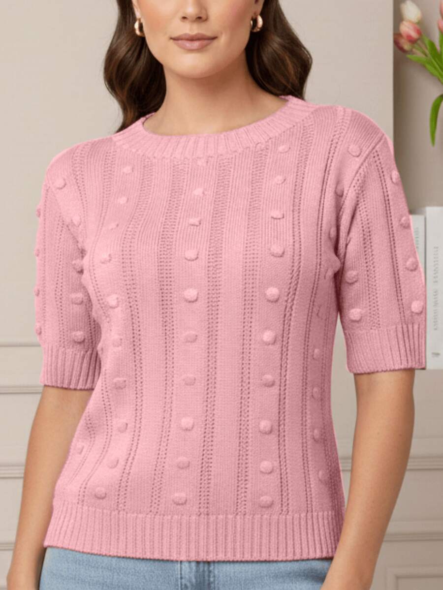 Women's Short-Sleeve Ribbed Knit Blouse, Basic, Casual, Elegant - Rosa Pálido - Ver 1