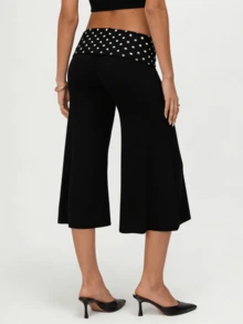 Women's Y2k Fold Over Waist Yoga Capri Pants Fashion Casual Solid Color/Striped/Polka Dot Stretchy Low Rise Wide Leg Crop Pants Light Weight Comfy Lounge Capri Pants - 白色 - 查看 5