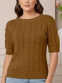 Women's Short-Sleeve Ribbed Knit Blouse, Basic, Casual, Elegant - Madera - Ver 3