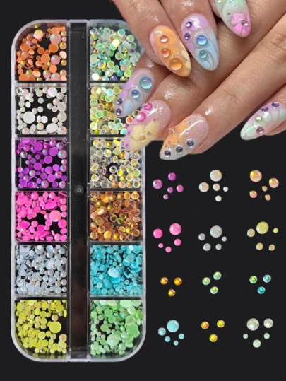 美甲用彩色美人鱼泡泡珠，12格马卡龙平底珠光水钻，半圆形幻彩装饰美甲珍珠，无香型美甲用品，美甲饰品，美甲宝石