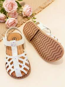 1 Pair Toddler Girls' Retro School Style Sandals, Beige Open-Toe Flat Beach Shoes With Sequin Hollow-Out Adjustable Design, Soft Non-Slip Sole, Suitable For Daily Wear, Party, Wedding, Vacation - Beige - View 9