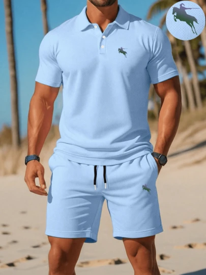 Herren Einfarbig Set, amerikanischer Stil Poloshirt als Basis, Shorts und T-Shirt 2-teiliges Set in Große Größen
