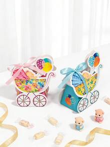 12pcs Cartoon Baby Stroller Shaped Gift Boxes, Thickened Cardboard With Ribbon Decor, Suitable For Newborn Welcoming Party, Gender Reveal Party - Multicolor - View 5