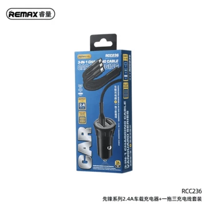  REMAX Dual USB Car Charger Fast Charging RCC236 With 3-In-1 2.4A Apple/Micro USB/Type-C Data Cable