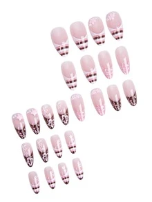 24片装条纹法式中号杏仁形假指甲套装，粉色夏威夷印花，复古棕色条纹，3D珍珠花朵和星星装饰，Y2K风格按压式美甲，完美夏季度假之选 - 淺粉色 - 查看 4