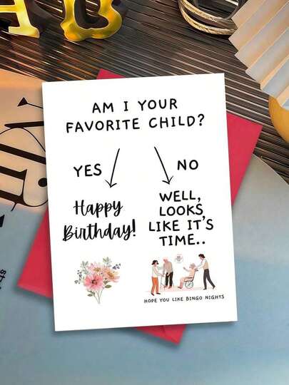 1pc Funny Mom's Birthday Card - "Am I Your Favorite Child?" (Bingo Night Humor) |   Daughter/Son Sibling Competition Card For Mom |   Blank Inside, Includes Envelope
