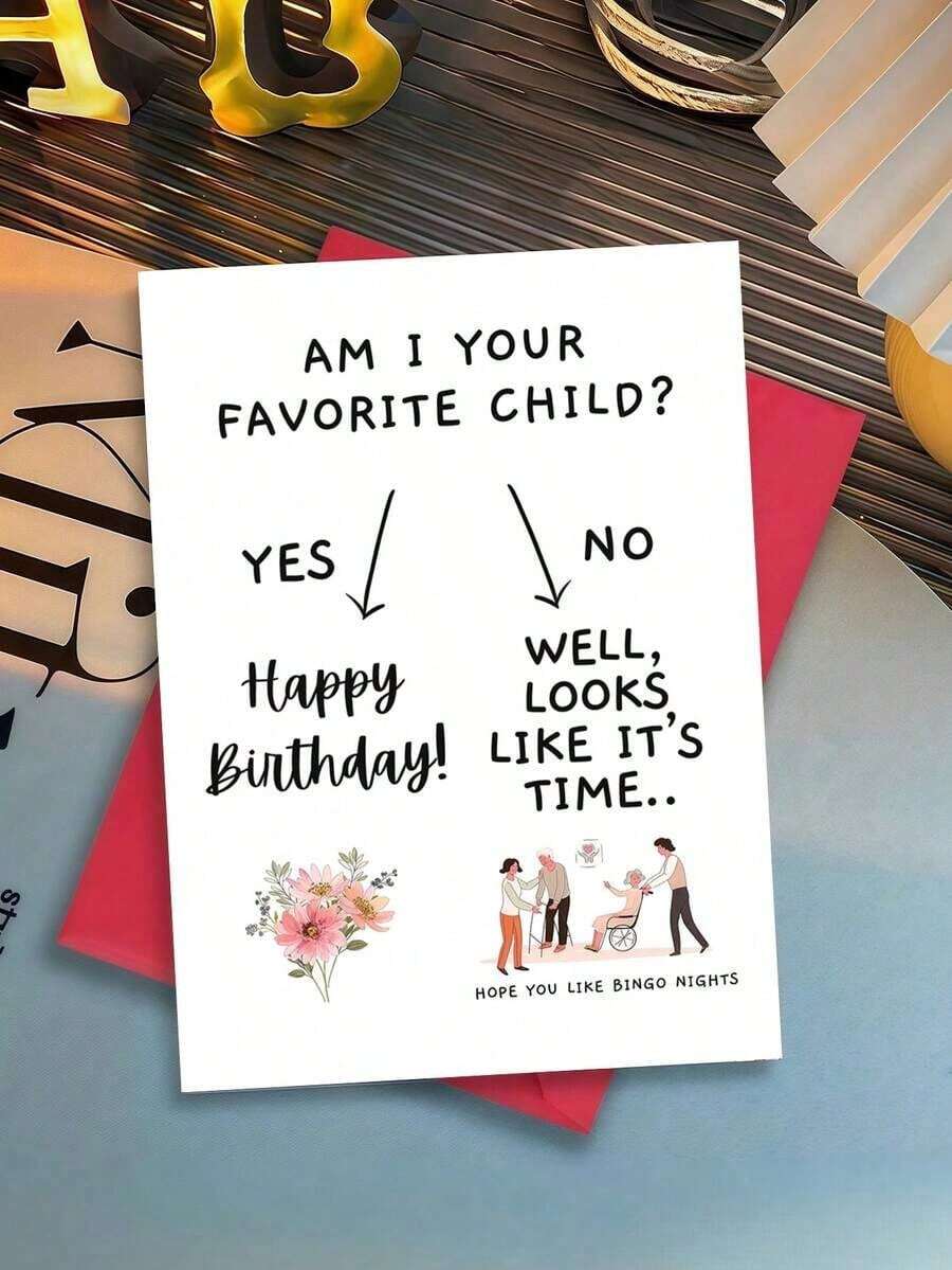 1pc Funny Mom's Birthday Card - "Am I Your Favorite Child?" (Bingo Night Humor) | Daughter/Son Sibling Competition Card For Mom | Blank Inside, Includes Envelope - Single Piece - View 1