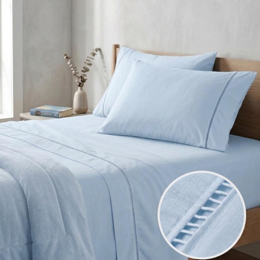 400 Thread Count 3-Piece Bedding Set With Fitted Sheet And Pillowcases, Soft Touch, Everyday Comfort, Single, Full, Queen, King - 淺藍色 - 查看 1
