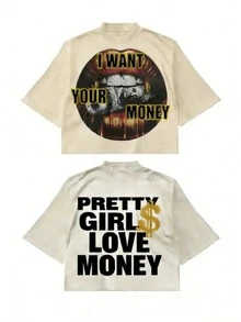Fly "I Want Your Money" Hip-Hop Flow T-Shirt Pure Cotton Double-Sided Printed T-Shirt, Suitable For Men And Women,Top Pick Gift For Summer Casual Tees - 杏色 - 查看 17
