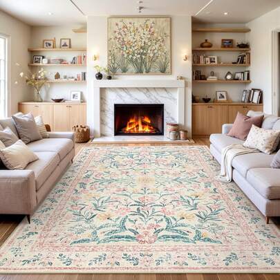 Bohemian Low Pile Carpet, Suitable For Living Room, Bedroom, Dining Room, Washable, Non-Slip, Soft Floral Low Pile Baby Carpet, Suitable For Dining Room, Children's Room, Indoor Home Decor, Ramadan Decoration, Pink/Multi-Color