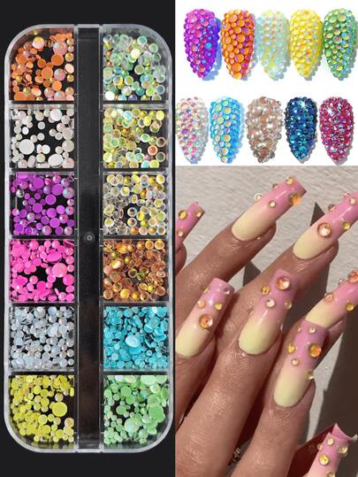 美甲用彩色美人鱼泡泡珠，12格马卡龙平底珠光水钻，半圆形幻彩装饰美甲珍珠，无香型美甲用品，美甲饰品，美甲宝石