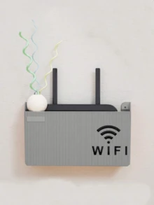 1 pieza Estante de pared para router WiFi gris premium, material de plástico PP duradero, estilo minimalista moderno, forma rectangular con textura de nervaduras verticales y recorte de señal WiFi, estante de almacenamiento de pared sin taladro para router y organización de cables, ideal para uso en oficina en casa y sala de estar durante todo el año - Gris - Ver 3