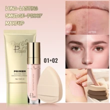 Pudaier 3-Piece Perfector Makeup Set: Primer + Foundation + Makeup Sponge, Long-Lasting And Smudge-Proof, Brightens Complexion, Refines Pores, Waterproof And Sweat-Resistant, Suitable For All Skin Types, Ideal For Daily Commute And Dates - 01 - View 9