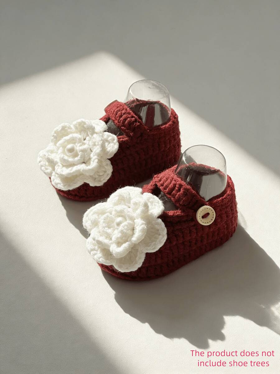 1 Pair Handmade Infant Booties, Green Crochet With White Flower Decor, Snap Closure - Burgundy - View 1