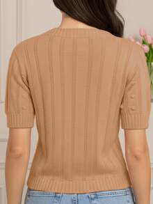 Women's Short-Sleeve Ribbed Knit Blouse, Basic, Casual, Elegant - Nuevo Beige - Ver 5
