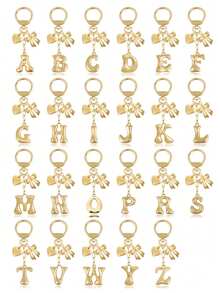 1 Pc A-Z Gold Bubble Letter Keychain With Heart And Bow, Round Clasp Initial Bag Charm,For Key Handbag Backpack, Personalized Gift For Women Girls,Perfect Gift - Multicolor - View 2
