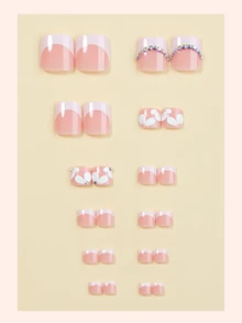 法式花卉亚克力脚趾甲 24 片装，短款矩形按压式脚趾甲，饰有 Y2K 钻石点缀，3D 设计 - 非常适合女孩和女士日常佩戴、节日派对装饰或作为礼物 - 值得拥有的美甲配饰 - 彩色 - 查看 2