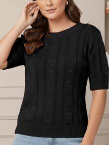Women's Short-Sleeve Ribbed Knit Blouse, Basic, Casual, Elegant - Negro - Ver 3