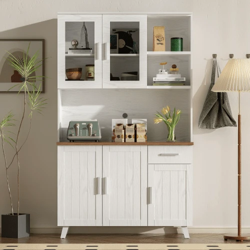 Sideboard, White Wood Grain Tall Cabinet 114 X 40 X 190 Cm, Suitable For Living Room And Dining Room