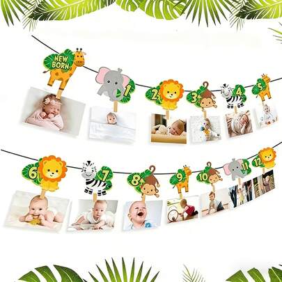 1 Set 12pcs Baby's 1st Birthday Photo Banner, 1-12 Months Animal Theme Photo Backdrop For 1 Year Old Birthday Party Decoration, Wild Jungle Adventure