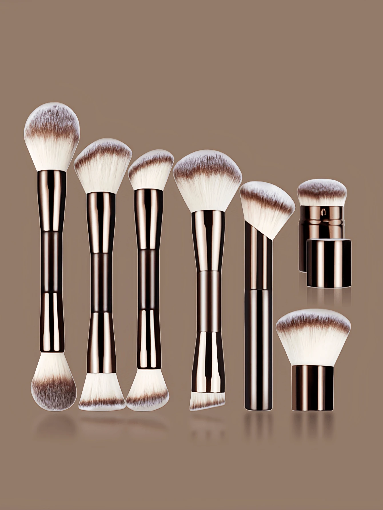 7件套多功能双头化妆刷套装,包括粉底刷、散粉刷、腮红刷、遮瑕刷、修容刷,适合女性使用 - 咖啡棕 - 查看 1