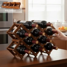 ERUIV Foldable Wooden Wine Rack, 10 Bottle Capacity Collapsible Wine Bottle Holder, Freestanding Countertop Wine Storage Organizer For Small Kitchen Bar Cabinet, Portable Wine Rack For RV Apartment - 468 Wine Rack - 10 Bottles Of Tea Color - View 1