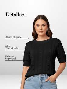 Women's Short-Sleeve Ribbed Knit Blouse, Basic, Casual, Elegant - Negro - Ver 2