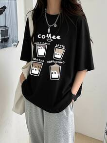 Áo thun nữ màu đen dệt kim cổ tròn tay ngắn in hình đồ ăn nhanh ngộ nghĩnh, chiều dài tiêu chuẩn, hơi co giãn. - màu đen - Xem 1