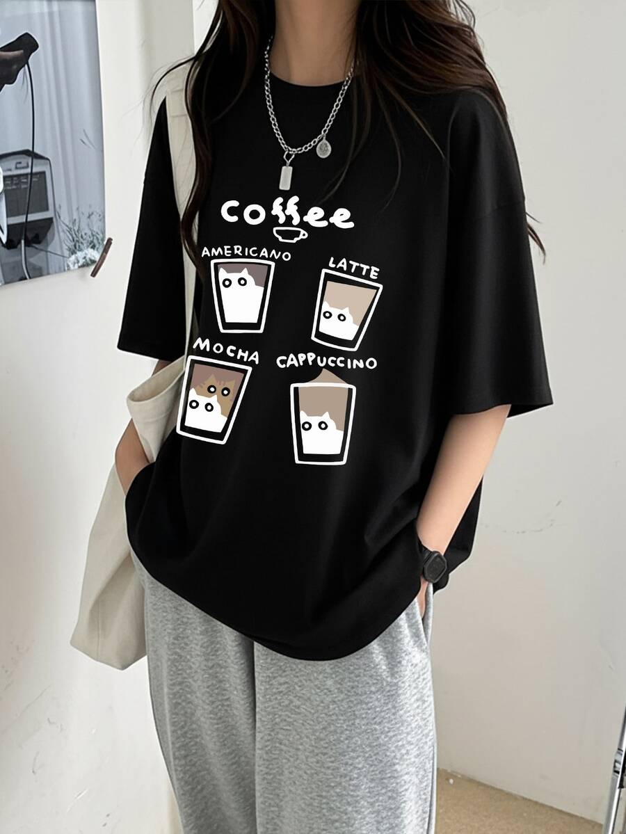 Áo thun nữ màu đen dệt kim cổ tròn tay ngắn in hình đồ ăn nhanh ngộ nghĩnh, chiều dài tiêu chuẩn, hơi co giãn. - màu đen - Xem 1