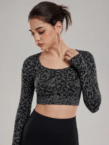 ZULIZ KYRLSSU Leopard Print U-Neck Open Back Long Sleeve Cropped Sports Top - Black - View 1
