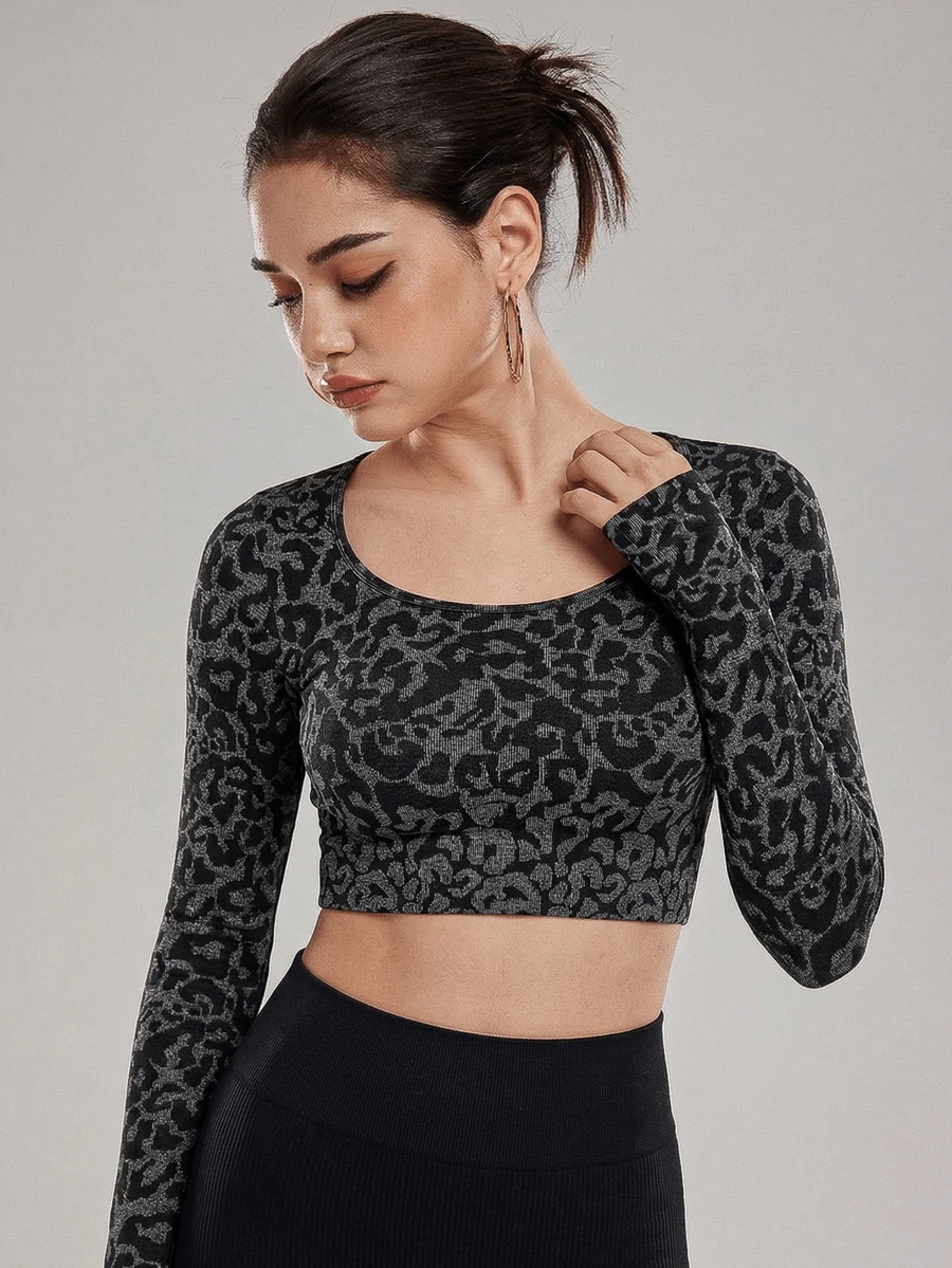 ZULIZ KYRLSSU Leopard Print U-Neck Open Back Long Sleeve Cropped Sports Top - Black - View 1