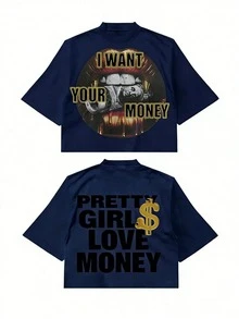 Fly "I Want Your Money" Hip-Hop Flow T-Shirt Pure Cotton Double-Sided Printed T-Shirt, Suitable For Men And Women,Top Pick Gift For Summer Casual Tees - 藏蓝色 - 查看 17